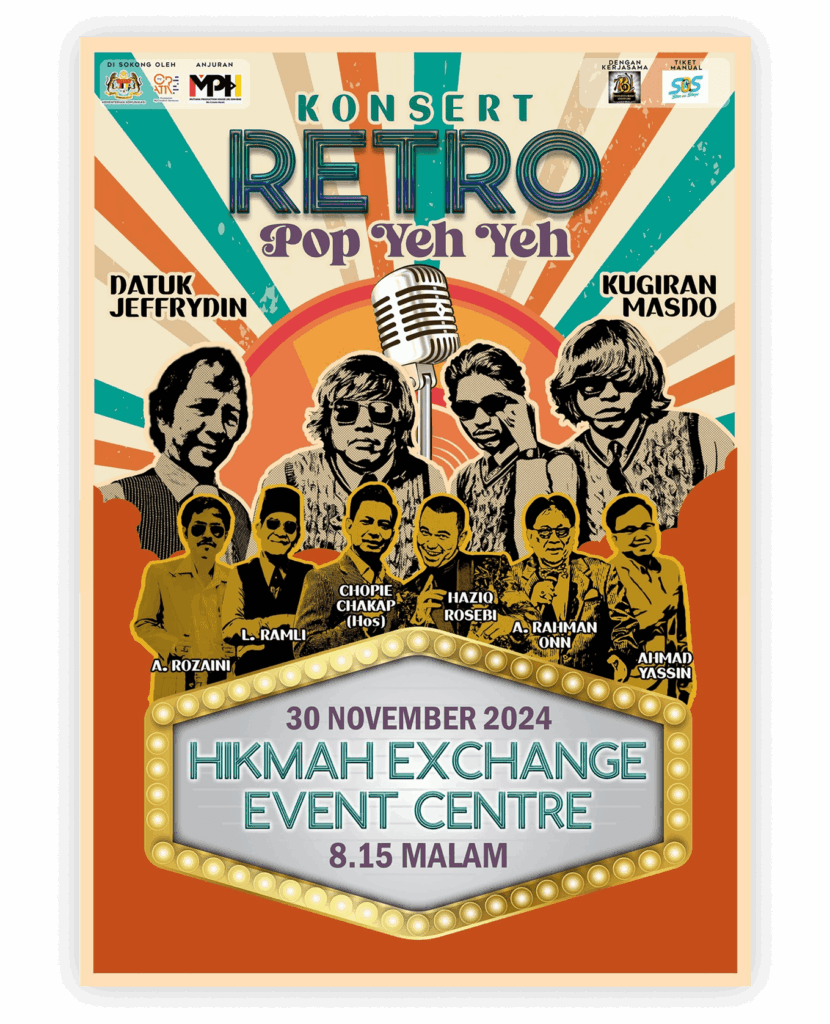 Retro pop art concert poster featuring musicians and a mic, with text: "Konsert Retro Pop Yeh Yeh," Vibrant colors.