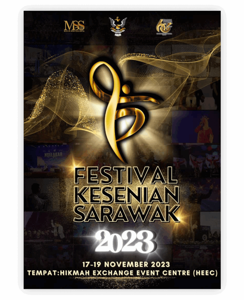 "Festival Kesenian Sarawak 2023" poster with golden symbol on dark background and event info
